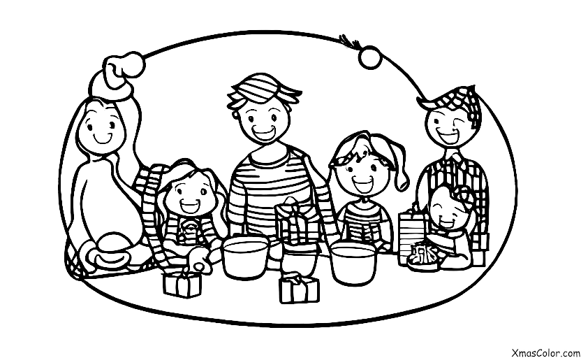 Navidad / Magia de la Navidad: Una familia sentada alrededor del árbol de Navidad