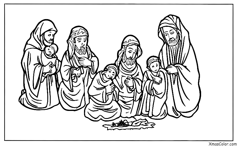 Navidad / María: Los tres reyes magos traen regalos a Jesús niño