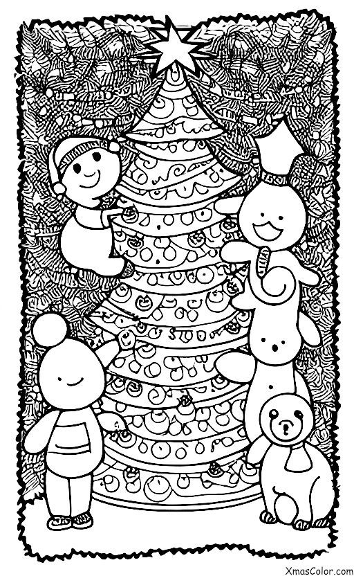 Navidad / Navidad con animales: Animales reunidos alrededor de un árbol de Navidad