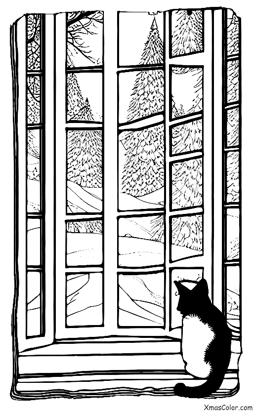 Navidad / Navidad con animales: Un gato mirando por la ventana en la escena invernal nevada