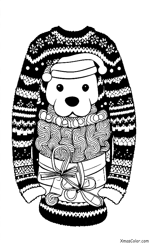 Navidad / Navidad con animales: Un perro con un jersey de Navidad lamiendo un caramelo