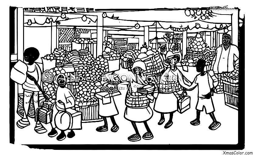 Navidad / Navidad en África: Una Escena de Mercado con Gente Vendiendo y Comprando Regalos de Navidad