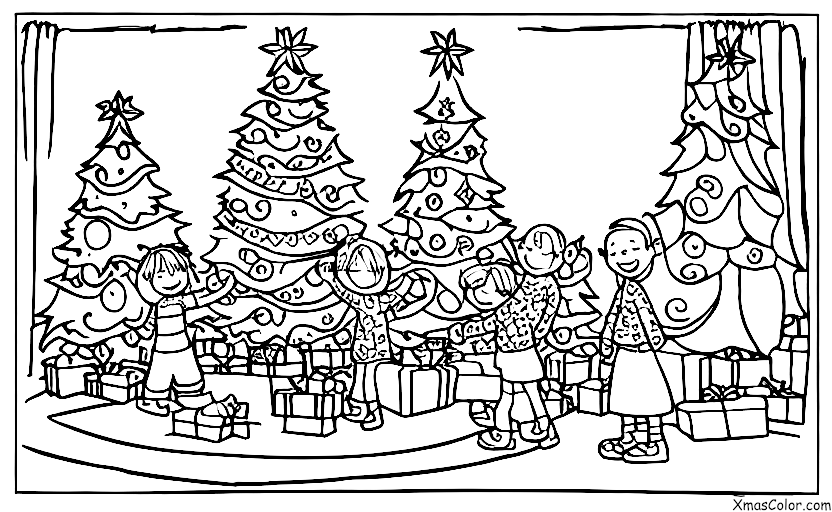 Navidad / Navidad en América: Una familia reunida alrededor del árbol de Navidad, abriendo regalos