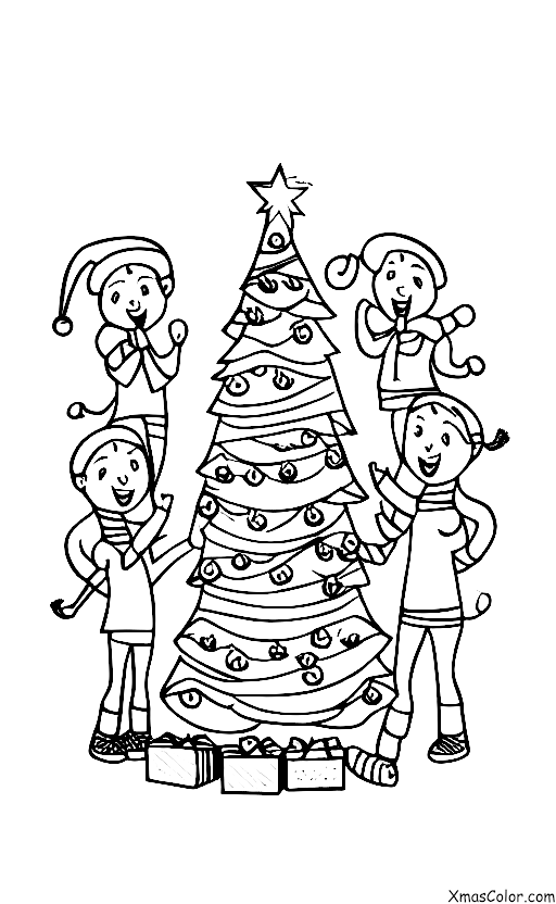 Navidad / Navidad en el campo: Un grupo de amigos que cantan villancicos alrededor del árbol de Navidad