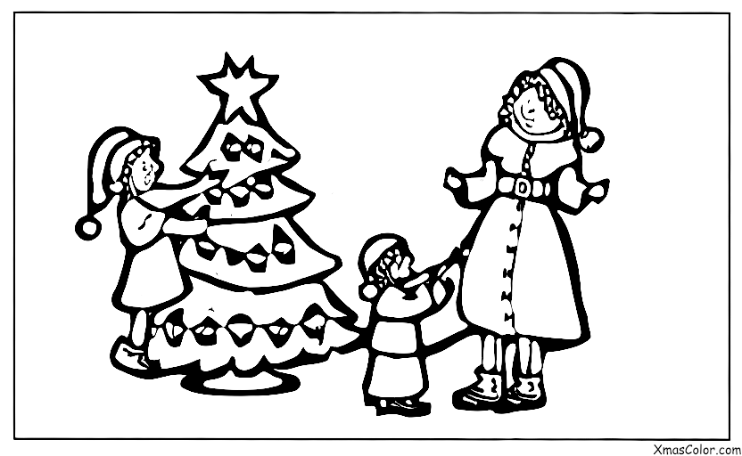 Navidad / Navidad en el campo: Una madre y un hijo decorando el árbol de Navidad