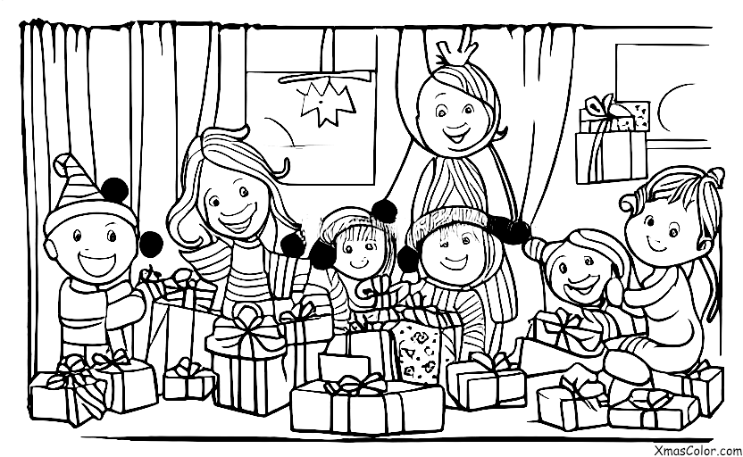 Navidad / Navidad en el presente: Niños abriendo regalos en la mañana de Navidad