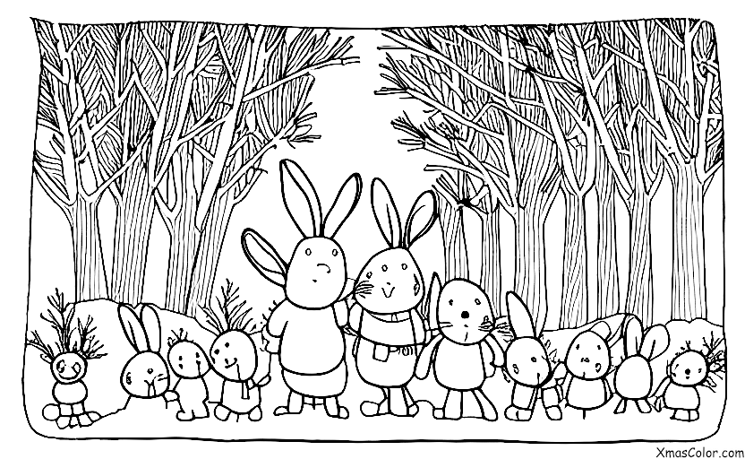 Navidad / Navidad en la montaña: Una familia de conejos disfrutando la escena invernal