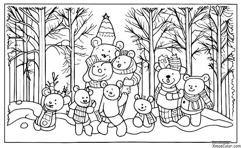 Navidad / Navidad en la montaña: Una familia de osos disfrutando del paisaje invernal