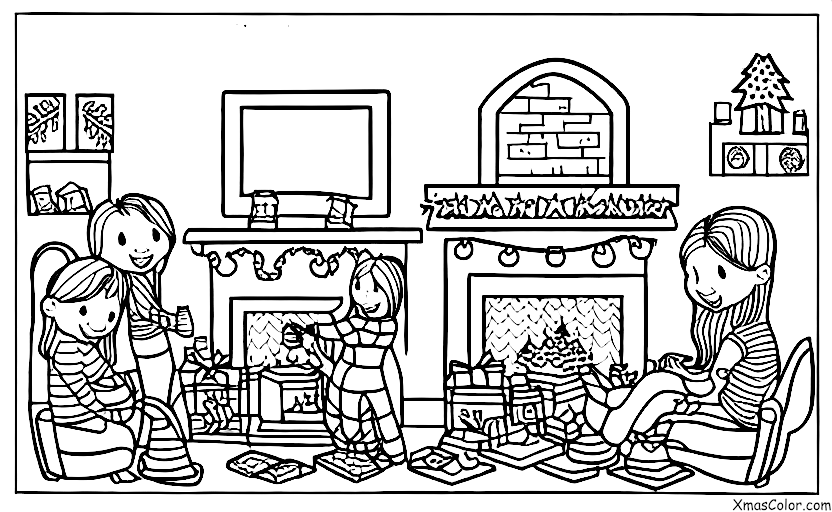 Navidad / Navidad en los suburbios: Amigos están reunidos alrededor de la chimenea tomando chocolate caliente