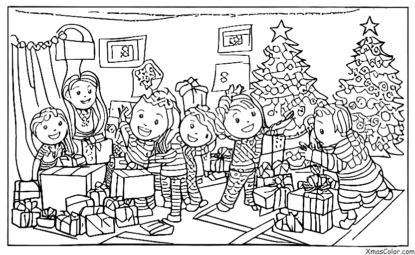 Navidad / Navidad en los suburbios: Los niños abriendo los regalos en la mañana de Navidad