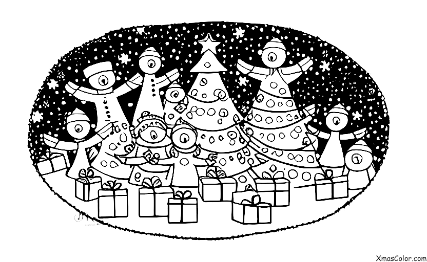Navidad / Navidad en los suburbios: Un grupo de amigos se reúne alrededor de un árbol de Navidad, sonriendo y disfrutando de la compañía de los demás
