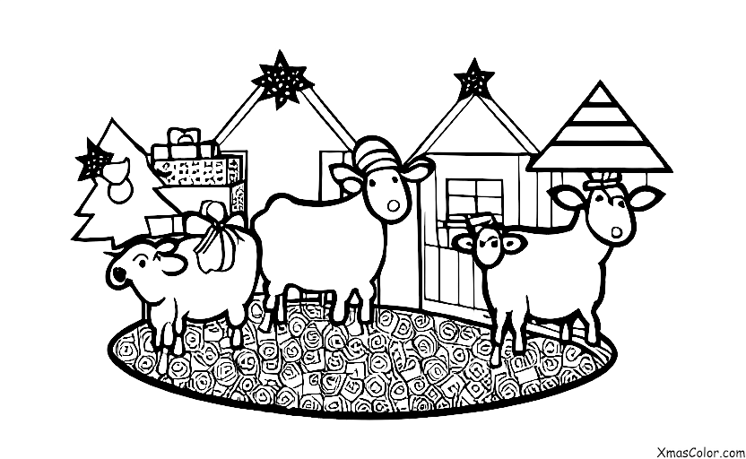 Navidad / Navidad en una granja: Los animales están decorando el árbol de Navidad