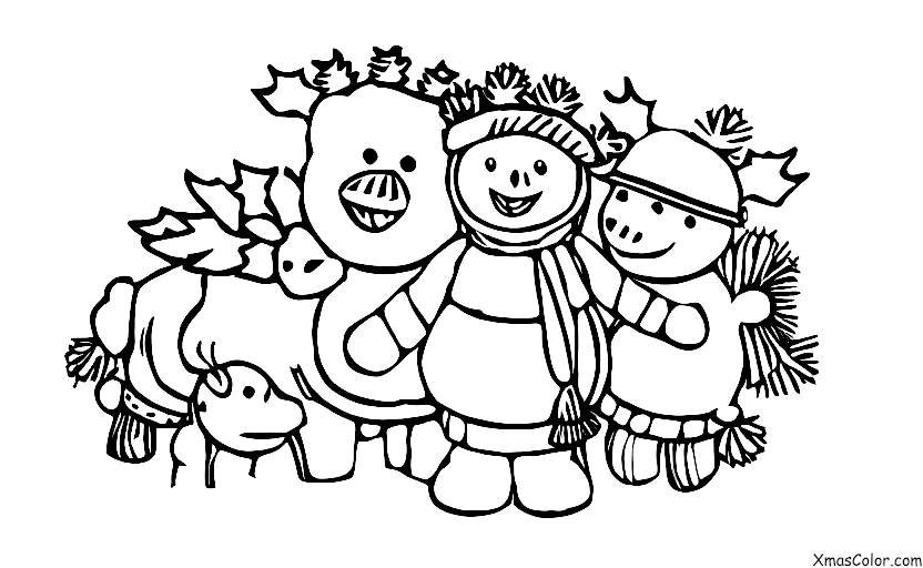 Navidad / Navidad en una granja: Los animales están jugando en la nieve