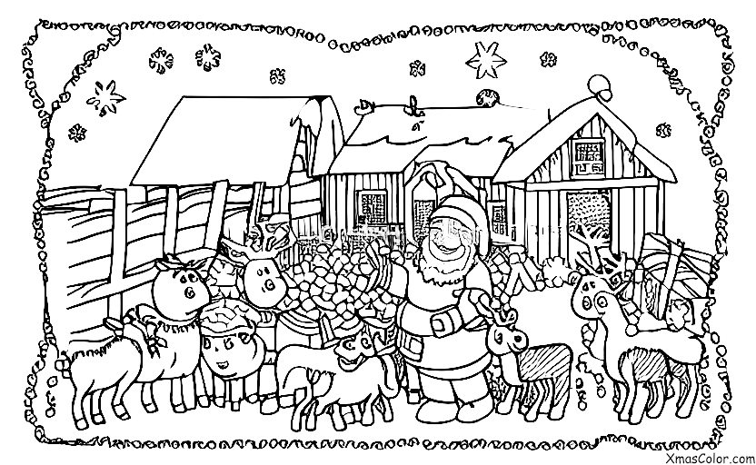 Navidad / Navidad en una granja: Santa alimentando a sus renos en el establo