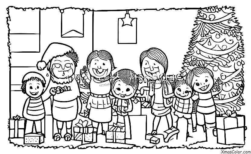 Navidad / Navidad Moderna: Familia abriendo regalos en la mañana de Navidad