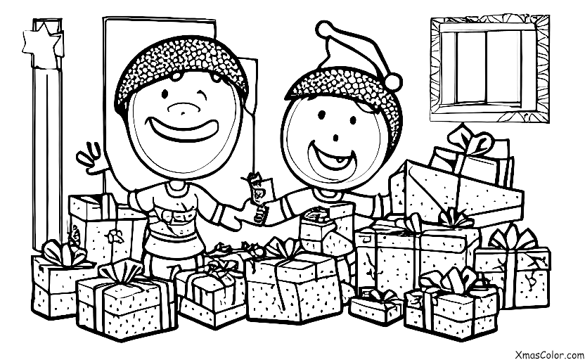 Navidad / Navidad Moderna: Un niño que abre un regalo en la mañana de Navidad