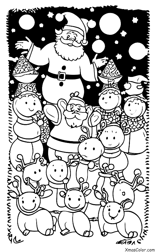 Navidad / Paisaje Invernal: Santa Claus alimentando a sus renos
