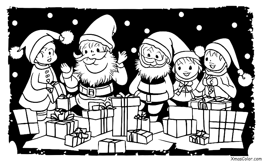 Navidad / Paisaje Invernal: Santa y sus elfos empacando regalos