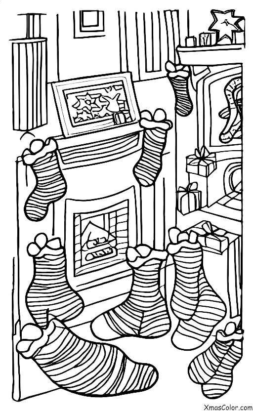 Navidad / Papel de envoltura de Navidad: Una chimenea con medias colgadas y regalos apilados alrededor