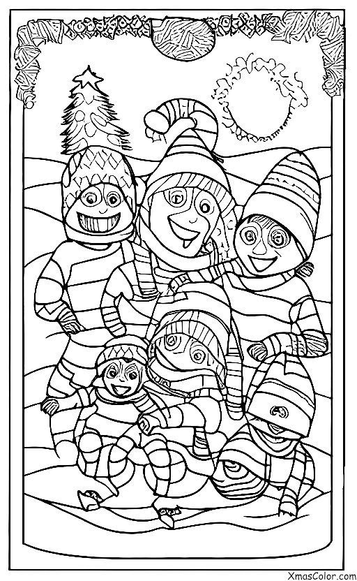 Navidad / Patinar: Una familia de tres esquiando juntos por una colina