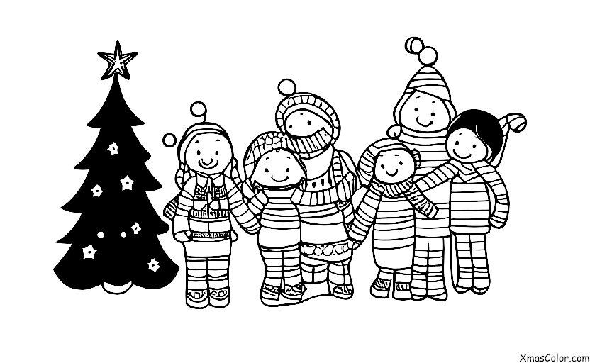 Navidad / Paz: Familia rodeando el árbol de Navidad