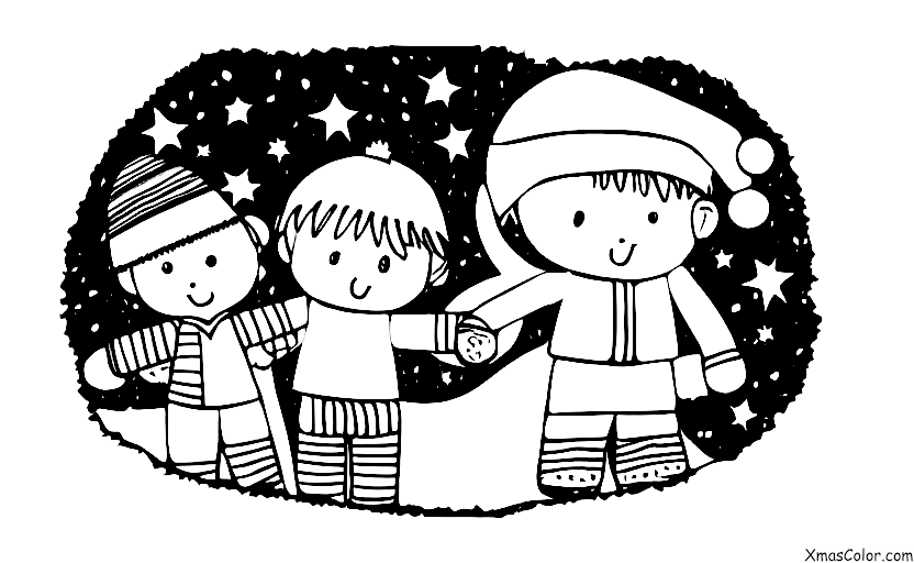 Navidad / Paz: Un niño y una niña que se miran y se agarran de la mano, viendo el cielo lleno de estrellas