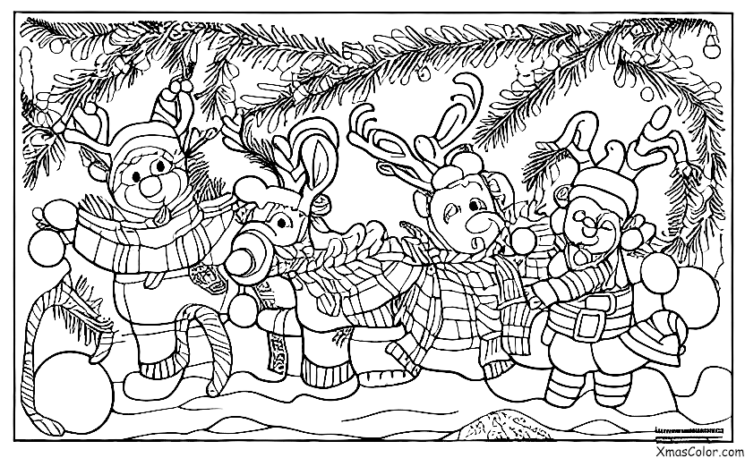 Navidad / Polos Norte: Rudolph y los otros renos jugando en la nieve en el Polo Norte