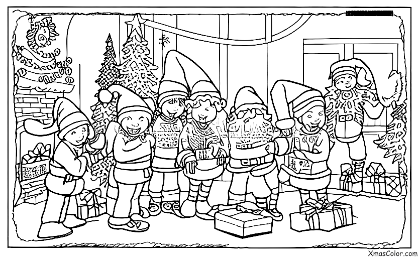 Navidad / Polos Norte: Santa Claus y sus duendes dando regalos a los niños