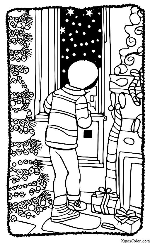 Navidad / Regalos de Navidad: Un niño ansiosamente esperando que venga Papa Noel por la chimenea