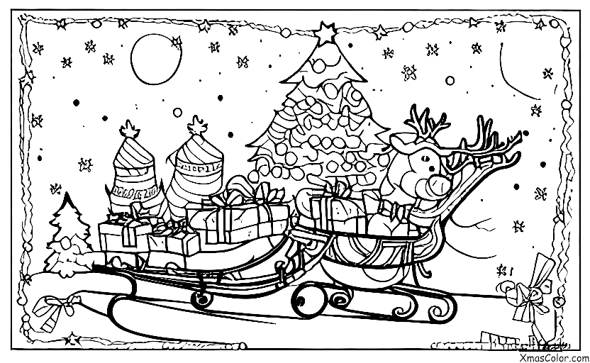 Navidad / Renos: Un reno que tira de un trineo lleno de regalos