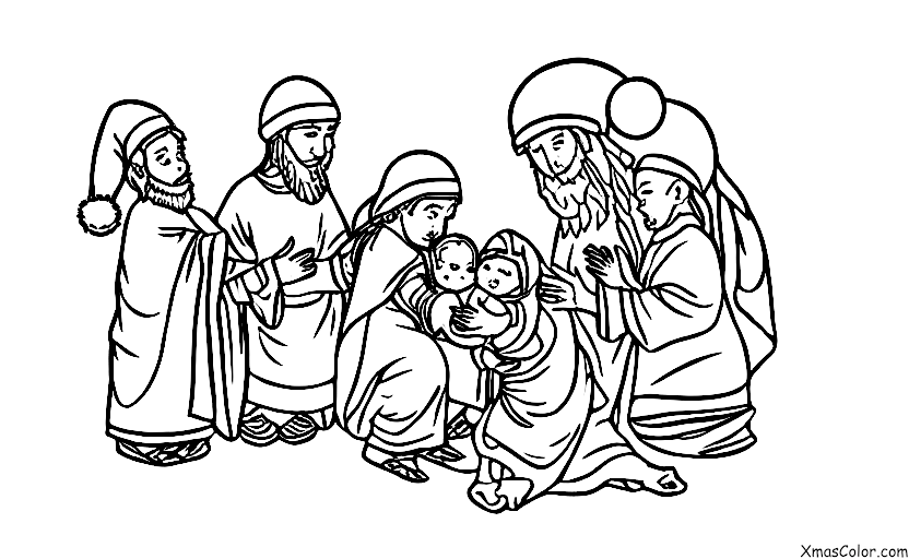 Navidad / Representaciones navideñas: Los tres reyes magos presentando sus regalos al niño Jesús
