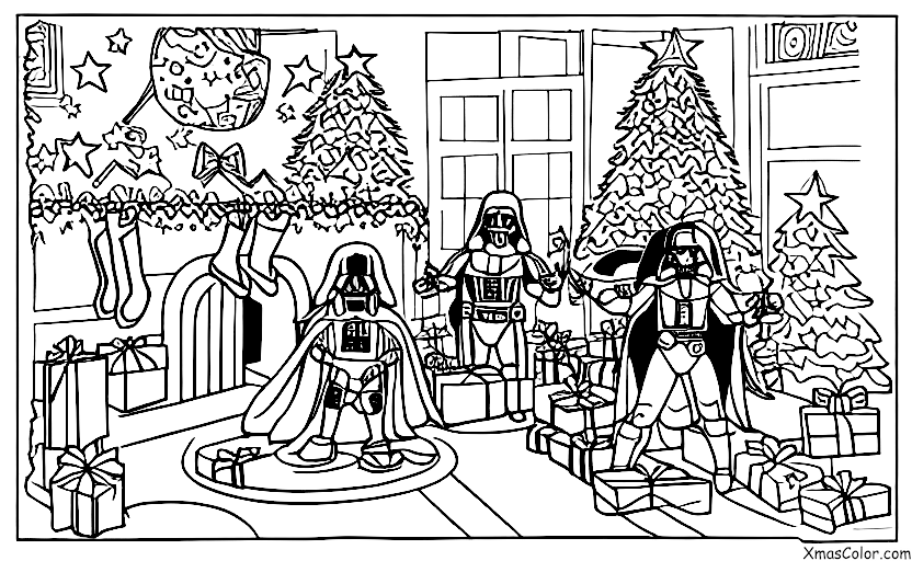 Navidad / Star Wars Navidad: Darth Vader está poniendo una estrella en lo alto del árbol de Navidad