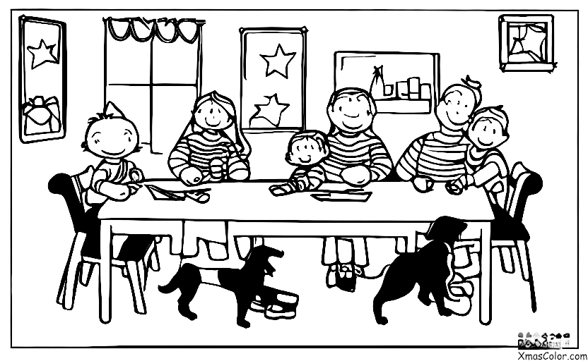 Navidad / Tarjetas de Navidad: Una familia de cinco sentados a la mesa escribiendo tarjetas de Navidad