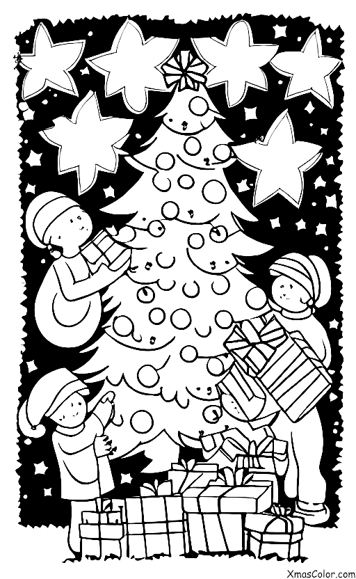 Navidad / Tradiciones en Navidad: Una familia que abre los regalos alrededor del árbol de Navidad