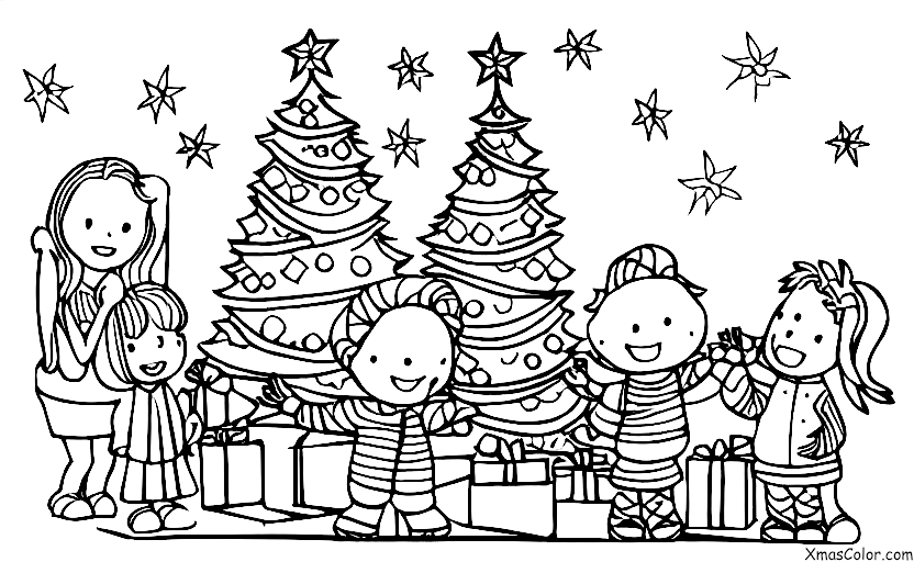 Navidad / Venid, fieles todos: Una familia reunida alrededor del árbol de Navidad